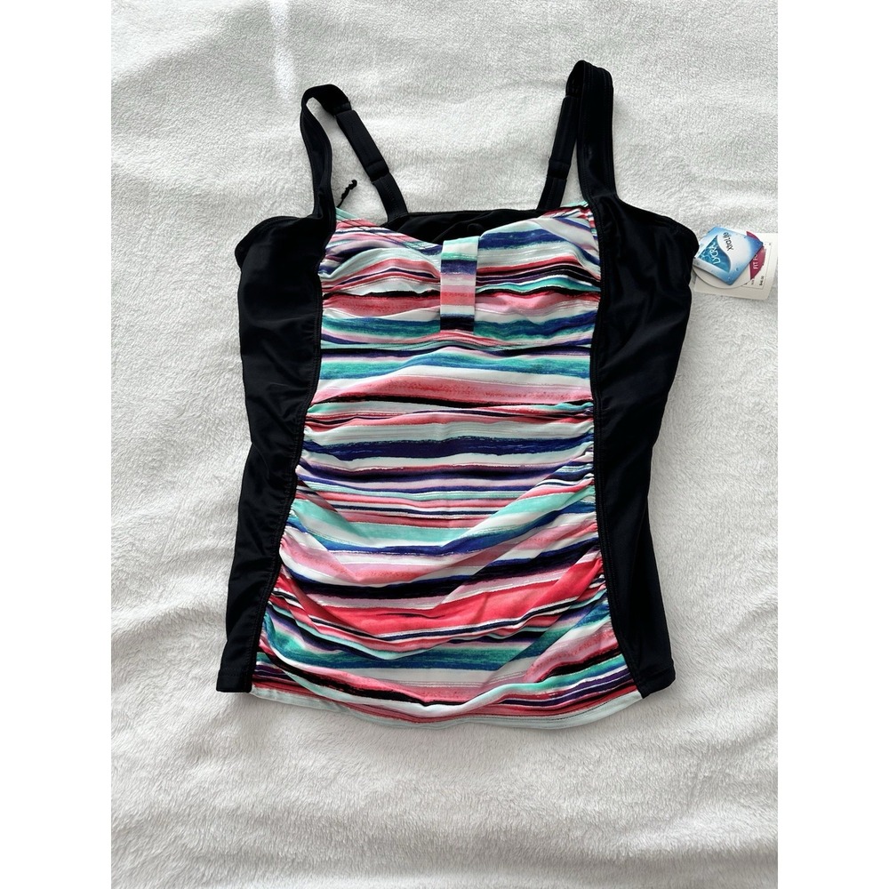 Croft & Barrow Size 20 Black Colorful Stripe Bust Enhancer Tankini Swimwear Top